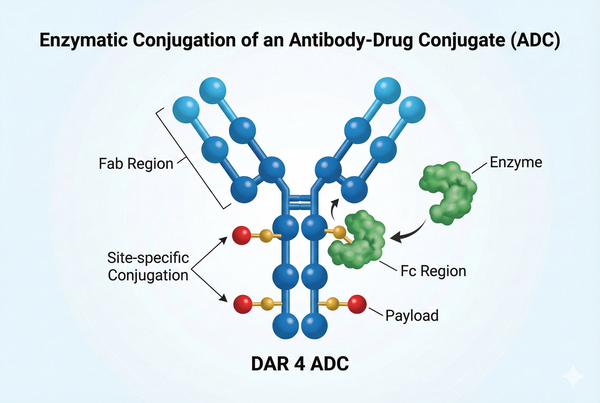 Diagram showing site-specific enzymatic conjugation of an ADC