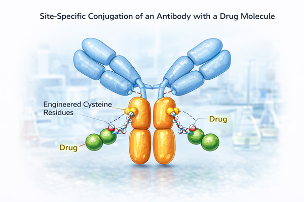 Antibody site-specific conjugation showing drug molecules attached to engineered cysteine sites