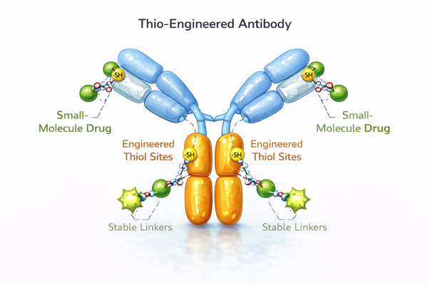 Diagram of a thio-engineered antibody showing thiol sites and conjugated drugs