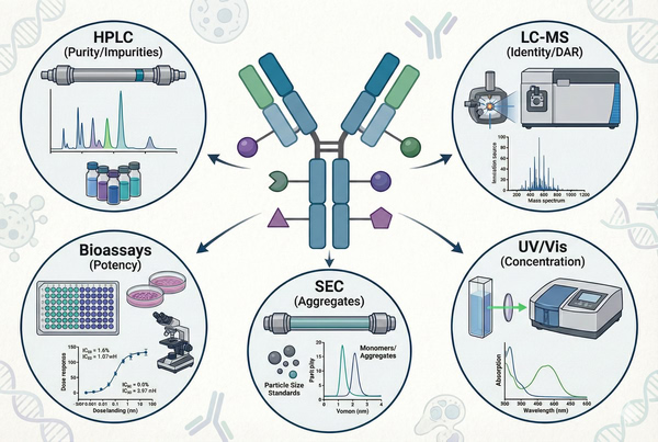 Diagram illustrating analytical methods for antibody drug conjugate characterization and quality control.