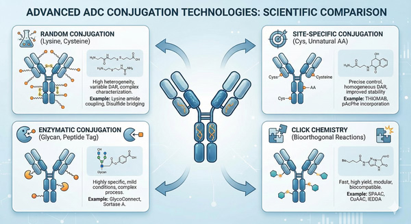 Illustration comparing key conjugation technologies used in ADC manufacturing.