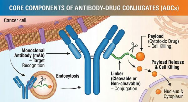 Illustration of an antibody drug conjugate showing antibody, linker, and payload components.