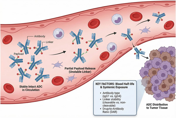 Scientific illustration of ADC circulation showing stable ADCs in blood, partial linker cleavage, systemic exposure, and delivery to tumor tissue.